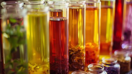 A colorful array of freshly brewed herbal infusions displayed on a table ready for sampling.