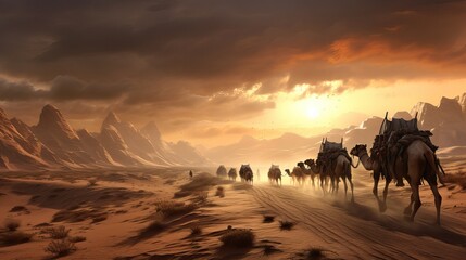 Photorealistic image of a long caravan in the rays of the scorching sun at dramatic sunset. Delivery of goods and cargo to cities where there are no roads.