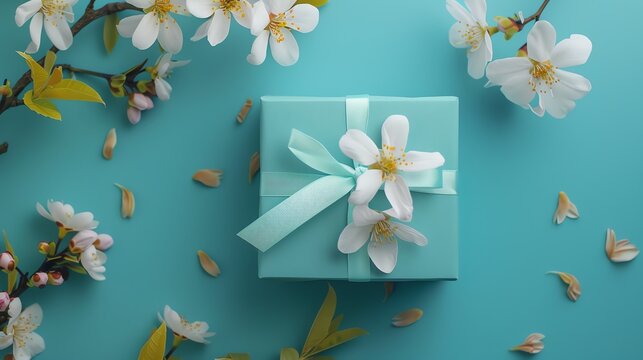 blue Gift box, Spring flower, clean composition, product photography, free space left background