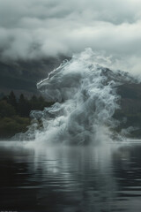 fantasy smoke dragon emerging from the silent lake, misty clouds, surreal cinematic scene, trees and foggy mountains in the background, maybe scotland, photorealistic // ai-generated 