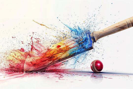 A white backdrop depicts a variety of hue shades crashes depicting a cricket bat smacking a red cricket ball depicts the crucial moment and space, Generative AI.