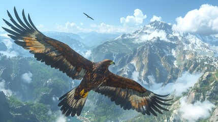 Golden Eagle Soaring Above Majestic Mountain Range. Majestic golden eagle spreads its wings wide, soaring through the sky above a breathtaking mountain range shrouded in mist.