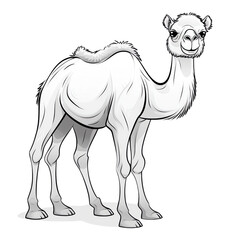 A cute cartoon camel coloring page with a full body shot on a white background