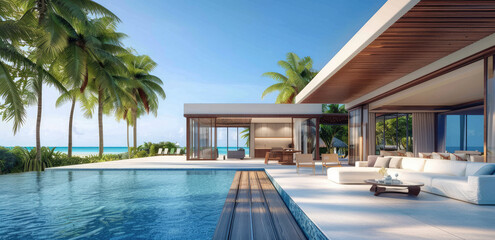 modern two story beach house with pool, 3d render, blue water, interior design, large windows and sliding doors, modern architecture, tropical setting, palm trees in background