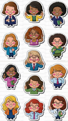 A set of twelve vibrant and adorable cartoon lecturer stickers