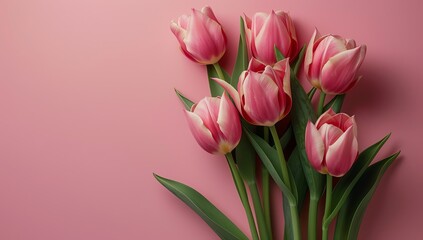 Obraz premium blank card with tulips on pink background, in the style of post-minimalism, animated gifs, light white and white, frontal perspective, delicate textures