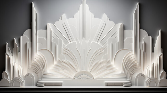 a white bas relief background design in the elegant Art Deco style, featuring geometric patterns, sleek lines, and motifs inspired by the Jazz Age.