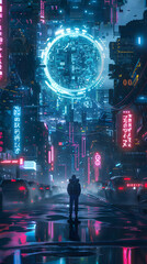 illustration of a person standing looking at the light of the bitcoin logo in the middle of the city wallpaper