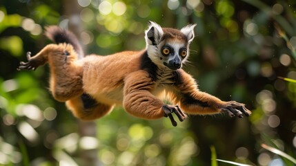 Fototapeta premium Ring-Tailed Lemur Leaping Through Tropical Forest. In a dynamic display of agility, a ring-tailed lemur is captured mid-leap among the dappled light of a tropical forest.