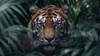 Intense Tiger Eyes Gazing Through Jungle Leaves. Mesmerizing tiger's face is partially obscured by lush green leaves, its intense gaze piercing through the foliage.