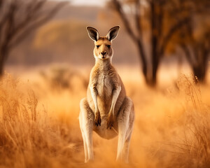 A majestic kangaroo stands tall against the backdrop of the Australian outback and a clear blue sky. Generative AI