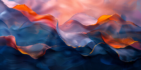 Twilight Hues Dance - Abstract Silken Waves in Dusk Blue and Sunset Orange for Captivating Wall Art