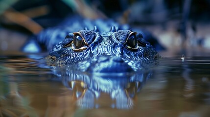 Fototapeta premium Alligator Eyes Above Water in Twilight Blue. Close-up of an alligator's eyes above the water surface, casting a haunting presence in the twilight blue ambiance.