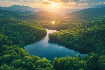 Beautiful landscape of green mountains and lake in the morning with sunrise sky. Nature landscape. Watershed forest. Water and forest sustainability concept. Aerial view of mountain, Generative AI - Powered by Adobe
