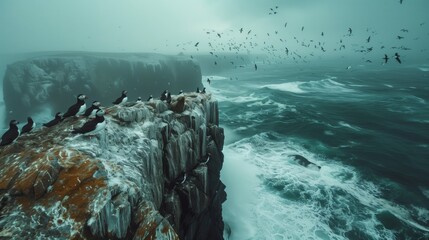 Puffins on Cliff Over Stormy Ocean Waves. Atlantic puffins perched on a rugged cliff as waves crash...