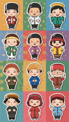 A set of twelve diverse and charming cartoon teacher stickers