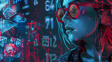 Woman software engineer cyberpunk crypto market bitcoin trading bitcoin logo glasses