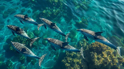 Fototapeta premium Pod of Dolphins Swimming Over Coral Reef. Pod of graceful dolphins swims above a vibrant coral reef in crystal-clear blue waters, illuminated by sunlight.