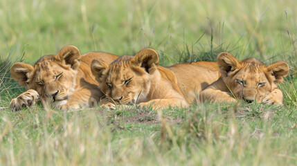 Naklejka premium Lion Cubs Sleeping Peacefully in Grass. Three adorable lion cubs enjoy a peaceful slumber nestled in the soft grasses of their natural savannah habitat.