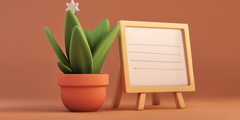 
a toy flower pot next to a small toy analytics whiteboard, in the style of playful cartoonish illustrations, rendered in unreal engine, minimalist palette, background