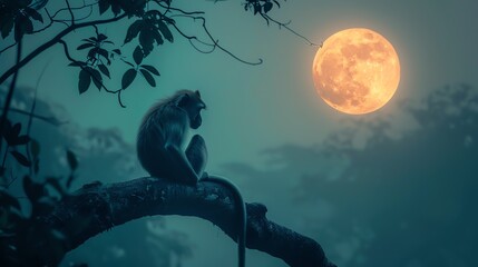 A serene scene of a monkey with its tail wrapped around the glowing moon