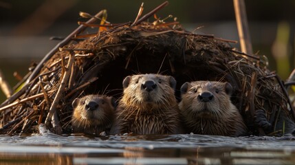 Family of Beavers at the Entrance of Lodge. Three beavers appear at the entrance of their lodge in the golden light, showcasing their natural habitat and family behavior.