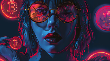 Woman software engineer cyberpunk crypto market bitcoin trading bitcoin logo glasses