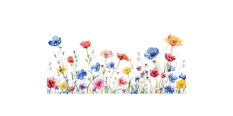 
watercolor wildflowers, field of flowers, petals and leaves, colorful, white background
