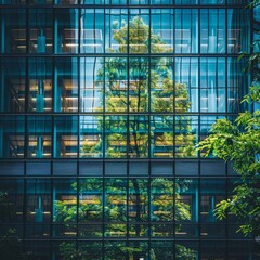 Eco-friendly building in the modern city. Sustainable glass office building with tree for reducing carbon dioxide. Office building with green environment. Corporate building reduce, Generative AI