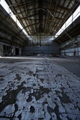 The quiet solitude of an abandoned hangar, its concrete floor cracked and weathered by years of neglect, Generative AI