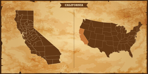 California state map, United States of America map with federal states in A vintage map based background, Political USA Map