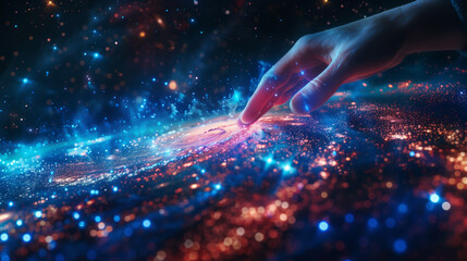 A hand engages with a dynamic digital galaxy, exploring its cosmic wonders with interactive curiosity