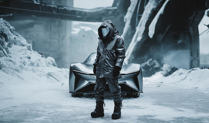 person in futuristic clothing in front of a sports car in a cold, snowy city scene