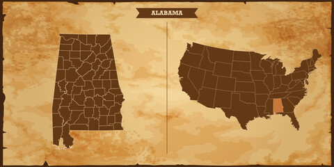 Alabama state map, United States of America map with federal states in A vintage map based background, Political USA Map