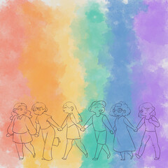 Personas caminando tomados de la mano lgbt+ estilo acuarela