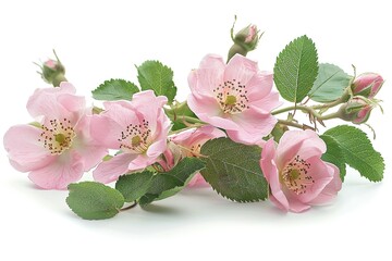 A pink wild rose branch in bloom, with green foliage and bloom buds is depicted over a white setting nicely adorned lovely flower and space, Generative AI. - obrazy, fototapety, plakaty