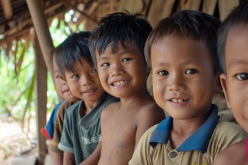 Group of happy asian kids smiling and looking at the camera.