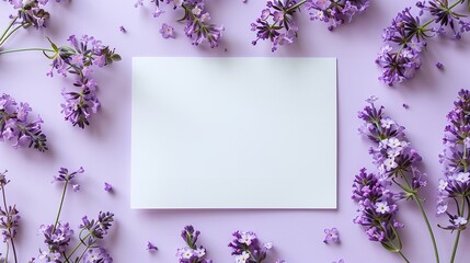 Over an airy purple setting, a white blank stationery card encompassing hyacinth blooms encircling it lovely blooms for special and space, Generative AI. - obrazy, fototapety, plakaty