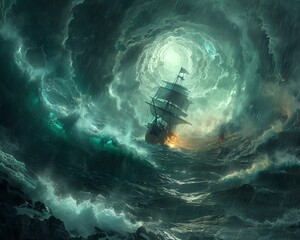 The swirling vortex of the whirlpool engulfs the pirate ship, creating a dramatic scene of chaos and danger - obrazy, fototapety, plakaty
