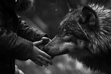 The tiny hands of a child supporting the weight of an enormous, gentle wolf - obrazy, fototapety, plakaty