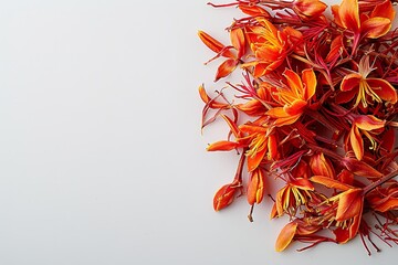 Spice comprised of dried saffron and extracted from blooms encompassing a white setting an array of spice adorned and space, Generative AI. - obrazy, fototapety, plakaty
