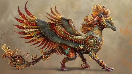 Majestic Steampunk Inspired Thai Hippogriff with Ornate Gold and Jewel Toned Patterns - obrazy, fototapety, plakaty