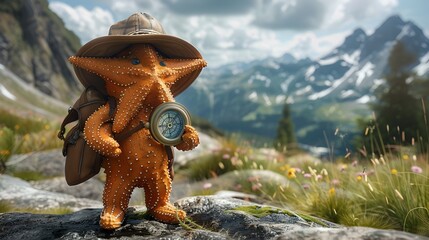 Tiny Starfish Explorer Ventures Into Majestic Mountain Valley with Antique Compass - obrazy, fototapety, plakaty