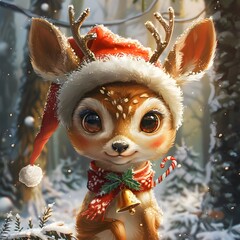 Enchanting Kawaii Deer Wearing Santa Hat Holding Miniature Bell or Candy Cane in Snowy Forest Scene - obrazy, fototapety, plakaty