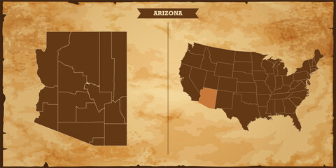 Arizona state map, United States of America map with federal states in A vintage map based background, Political USA Map - obrazy, fototapety, plakaty
