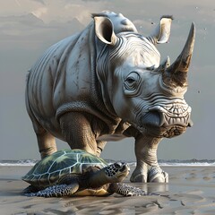 Fototapeta premium Powerful rhinoceros and curious sea turtle coexisting in a tranquil tropical landscape