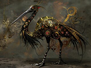 Fototapeta premium Ornate Steampunk Thai Inspired Crane Automaton with Intricate Feather Patterns and Graceful Pose