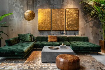 A grand living area with a deep fern green velvet sofa, ultra-modern concrete coffee table, and sleek gold wall art. The setting is enhanced by a thick, hand-tufted carpet and a round, leather pouf