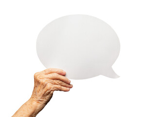 Close-up of a senior woman's hand holding a blank white speech bubble against a transparent...