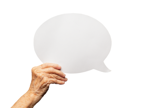Close-up of a senior woman's hand holding a blank white speech bubble against a transparent background. - Powered by Adobe